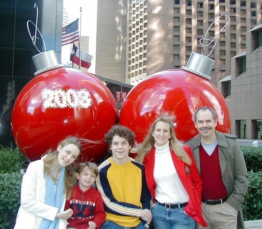 2003 - Giant ornaments, downtown Houston, blustery day.